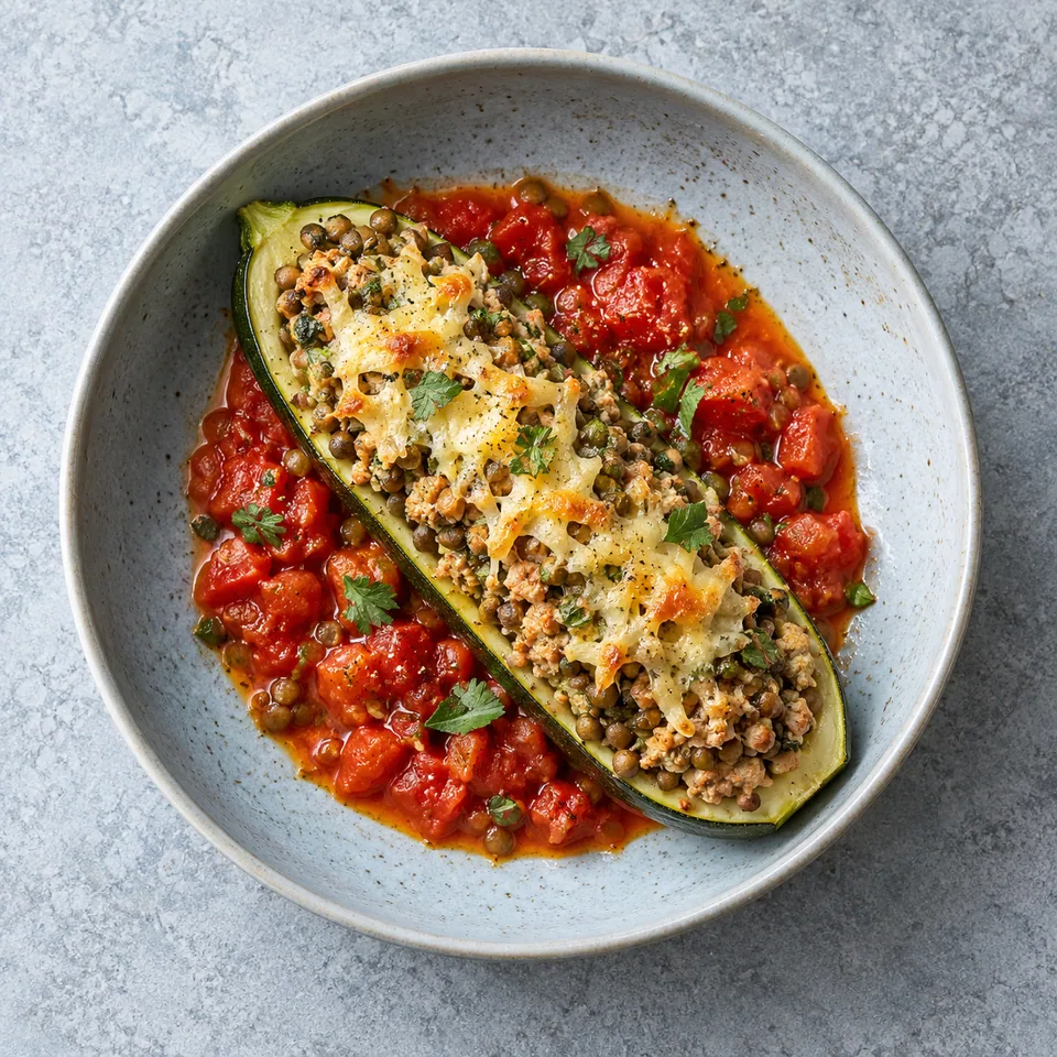 Courgettes farcies à la dinde et aux herbes : une demi-courgette farcie, dorée et gratinée, servie sur une assiette bleue.