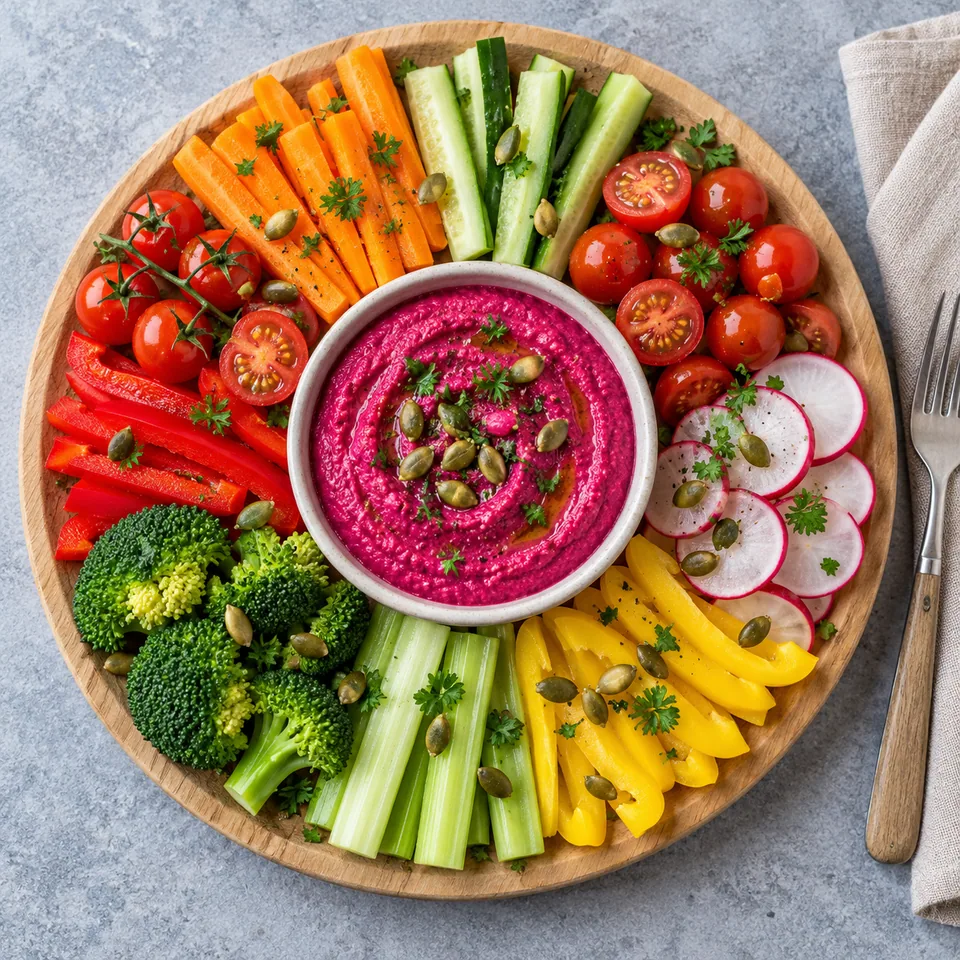 Couronne de crudités et dip de betterave : légumes frais colorés entourant une crème rose onctueuse sur planche en bois.
