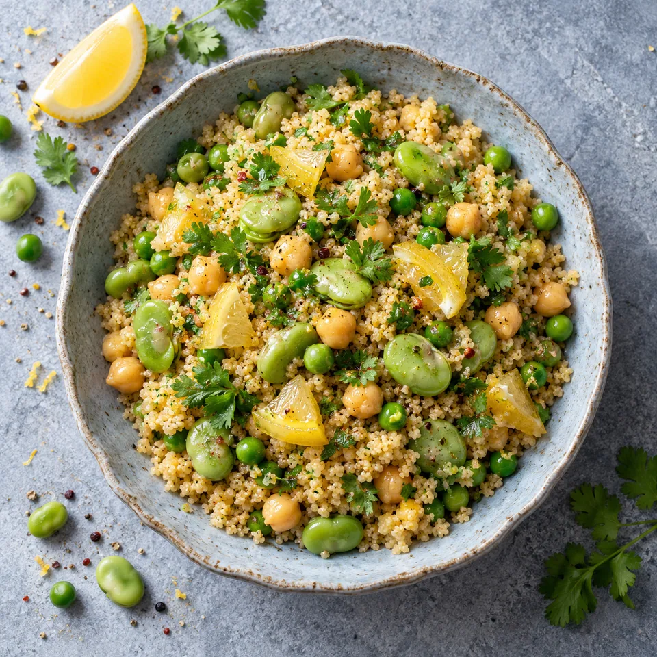Bol de couscous aux fèves, pois chiches et petits pois, garni de citron confit et coriandre fraîche.