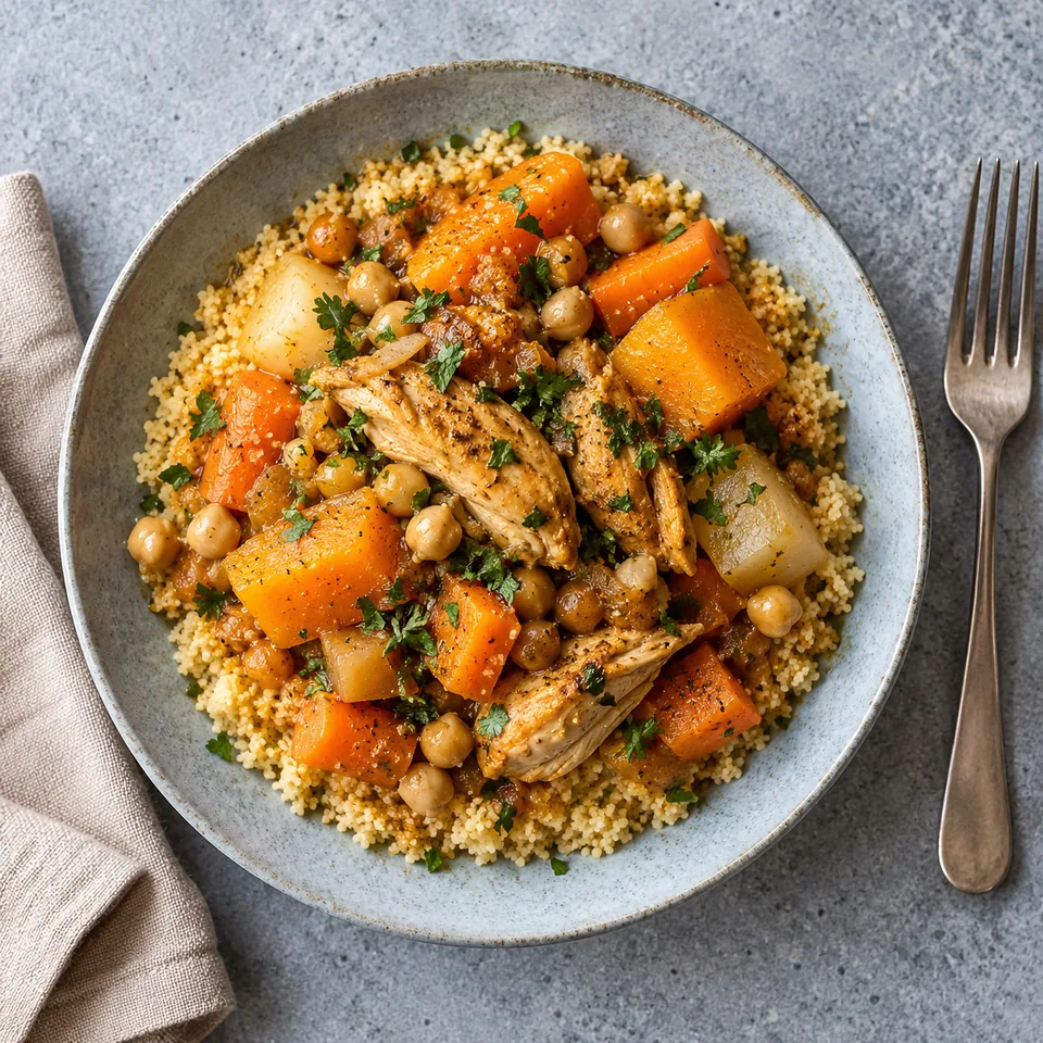 Couscous d’hiver au poulet et potiron : semoule dorée, légumes mijotés (potiron, carotte, navet) et poulet cuit dans une assiette creuse bleu-gris.