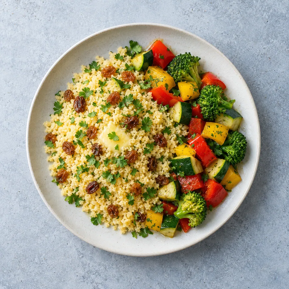 Couscous de légumes : semoule, raisins secs, coriandre, dés de courgette, brocolis et poivrons.