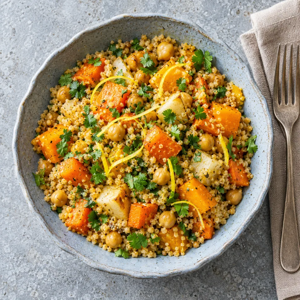 Couscous de légumes aux épices douces et pois chiches dans un bol bleu-gris, garni de coriandre fraîche et de zeste de citron.