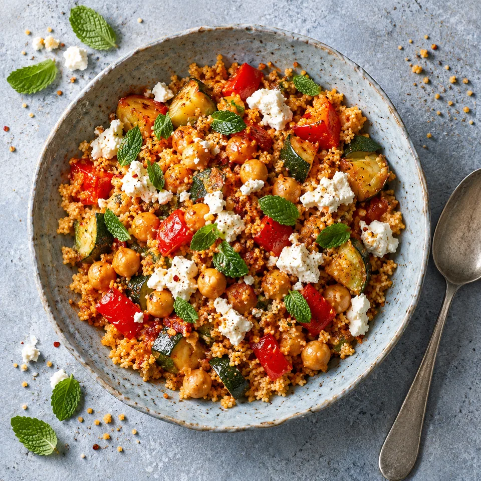 Bol de couscous poêlé aux légumes, pois chiches, feta émiettée et menthe sur fond bleu-gris.