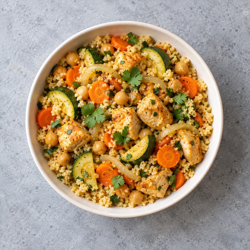 Couscous rapide au poulet et légumes : semoule, dés de poulet, courgette, carotte, oignon, pois chiches et coriandre dans un bol.
