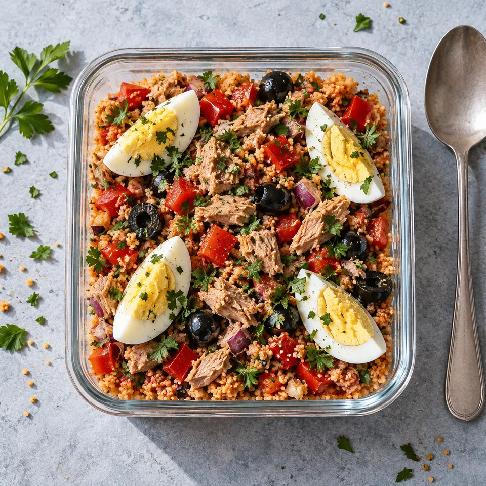Couscous tunisien au thon et œuf dur dans une boîte en verre : semoule rouge, thon, poivron, olives et œuf dur.