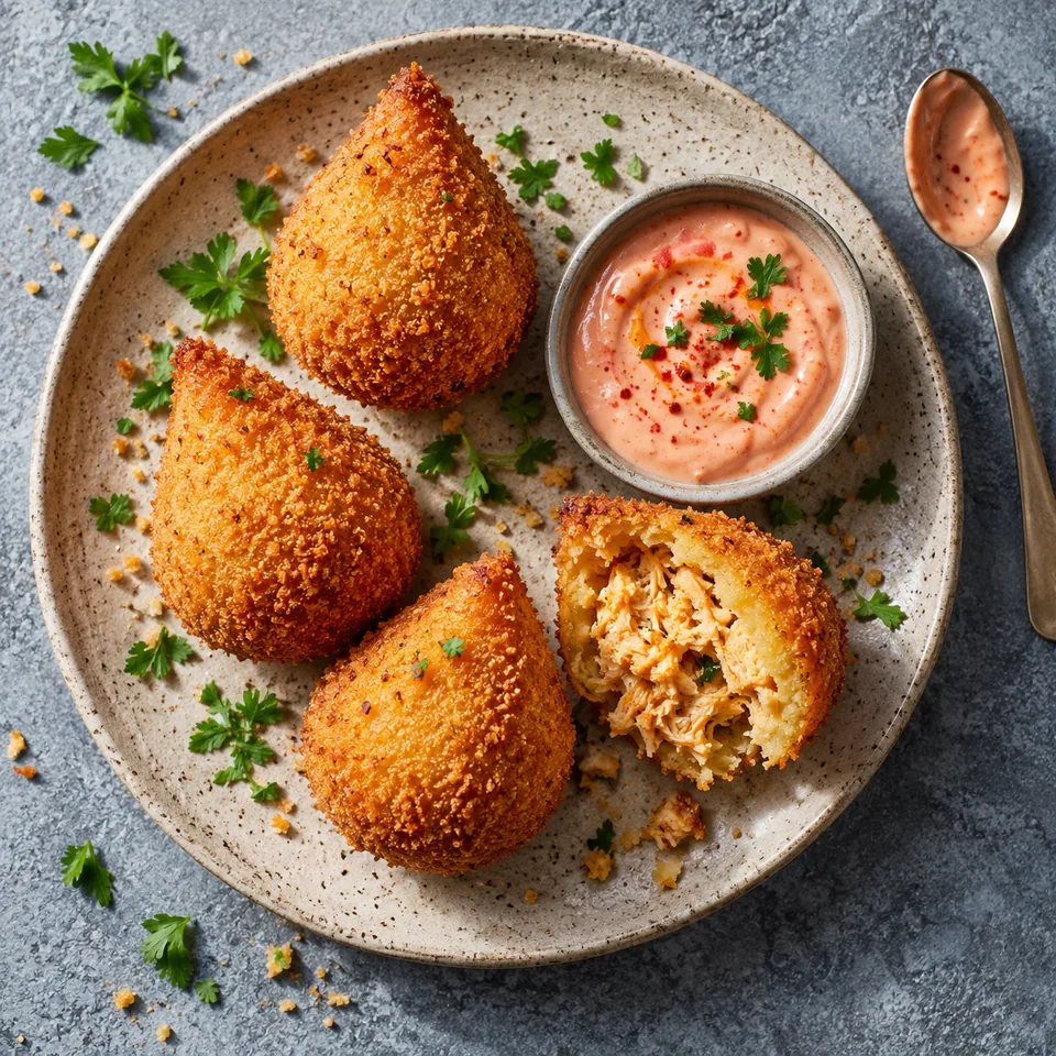 Coxinhas au poulet croustillantes et sauce yaourt harissa sur assiette beige sable