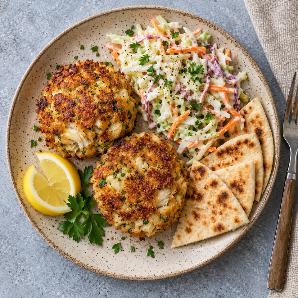 Crab cakes du Maryland dorés et croustillants servis avec coleslaw crémeux et pains pita sur assiette beige.