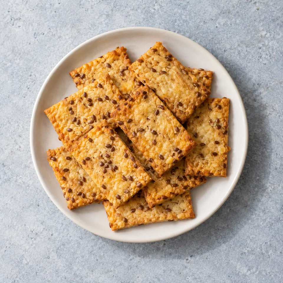Crackers au fromage et graines de lin dorés et croustillants sur une assiette blanche