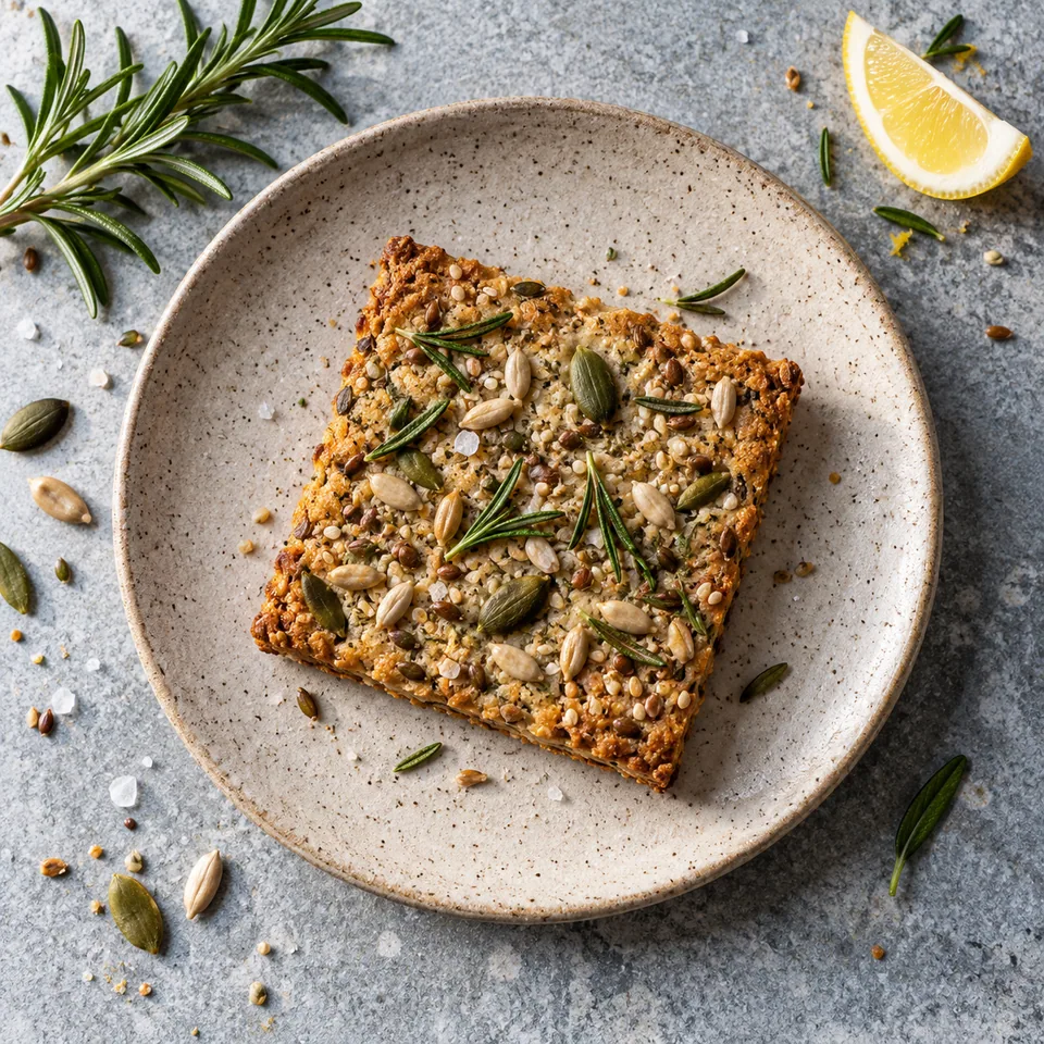 Crackers de graines au romarin : portion dorée et croustillante aux graines visibles et herbes vertes sur assiette beige.