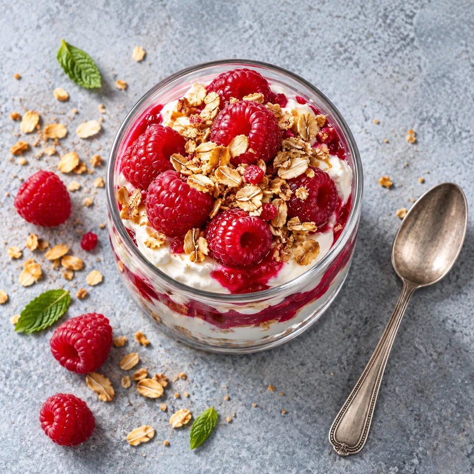 Cranachan aux framboises et avoine grillée dans une verrine : couches de skyr, purée et framboises fraîches surmontées d'avoine dorée croustillante.
