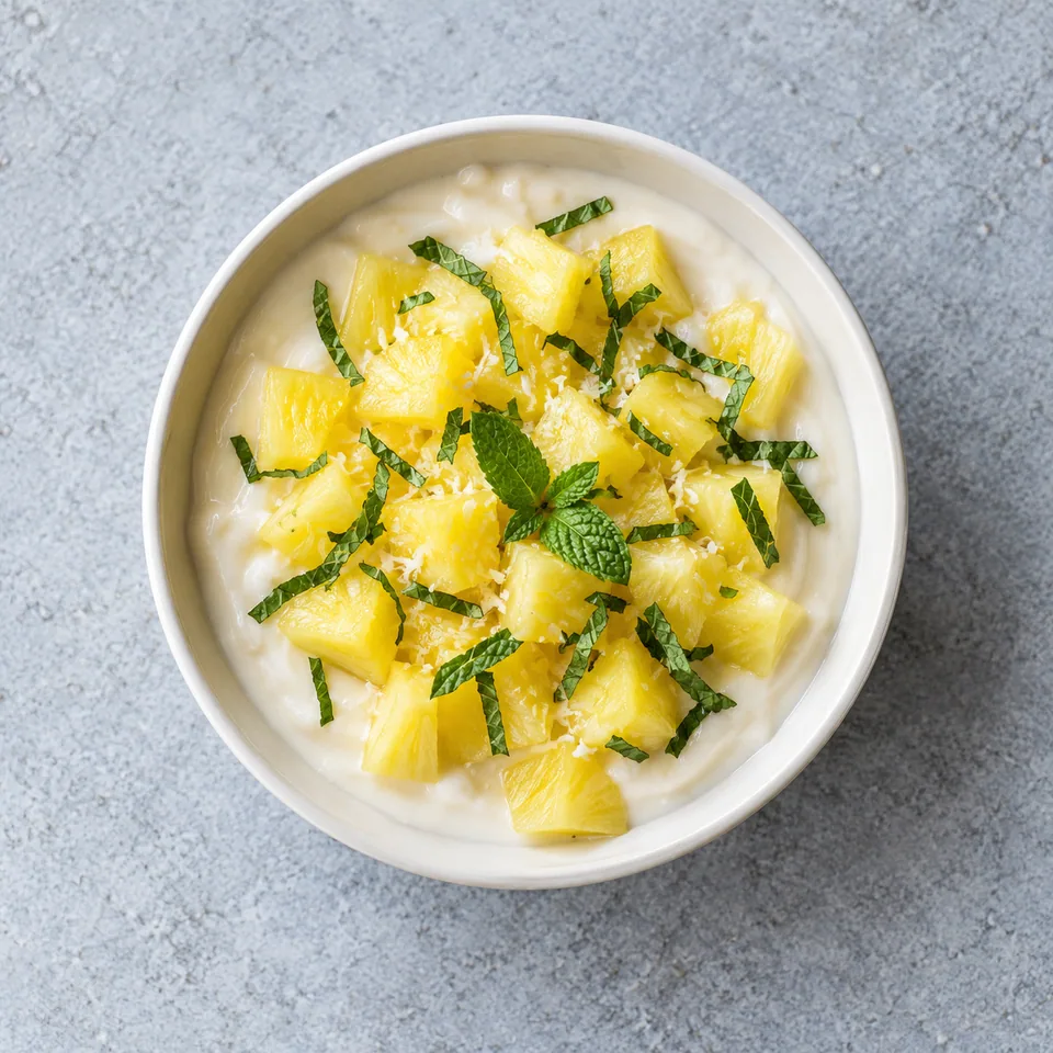 Crème ananas coco : ramequin de crème blanche garni de dés d'ananas jaune et de menthe verte ciselée.
