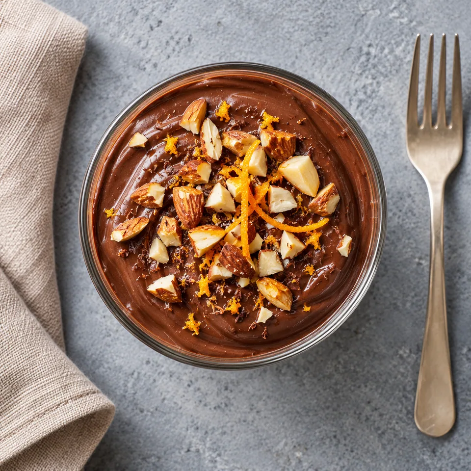 Crème chocolat-orange au tofu soyeux dans une verrine, surface lisse brune parsemée d'amandes grillées dorées.