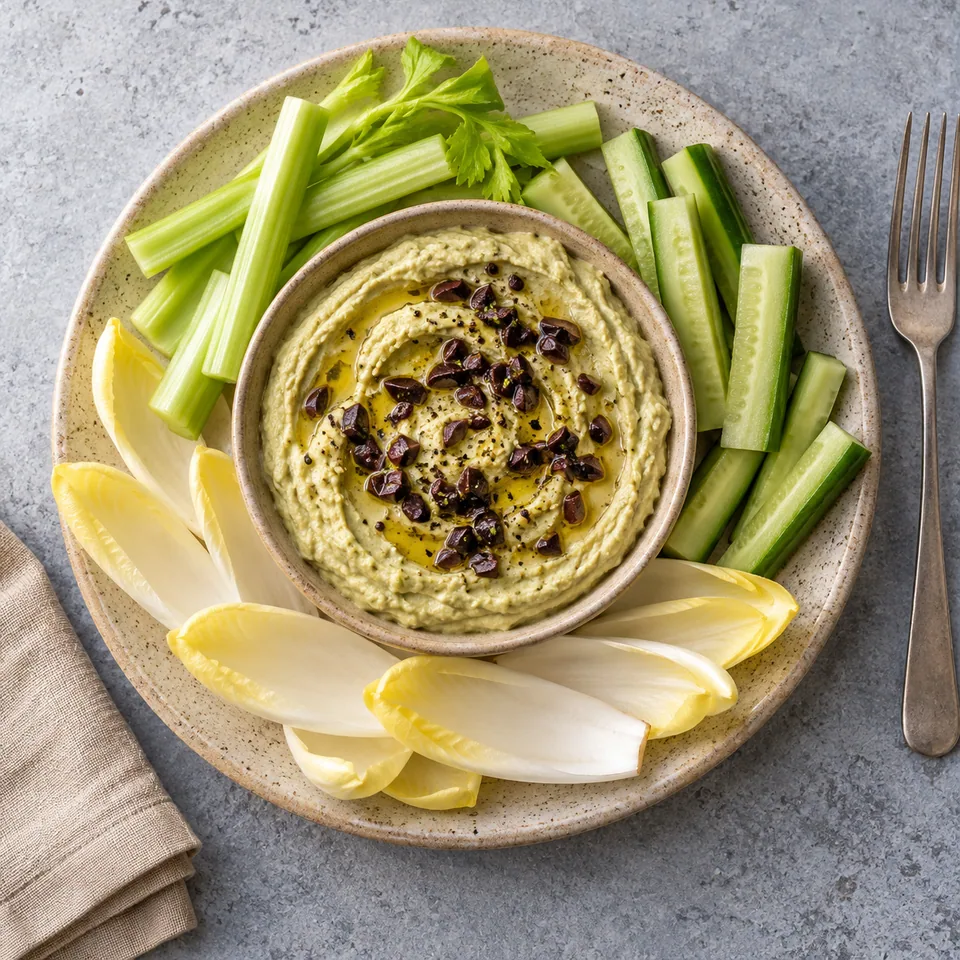 Assiette de crème d'artichaut à l'huile d'olive avec olives noires, servie avec bâtonnets de céleri, concombre et feuilles d'endive.