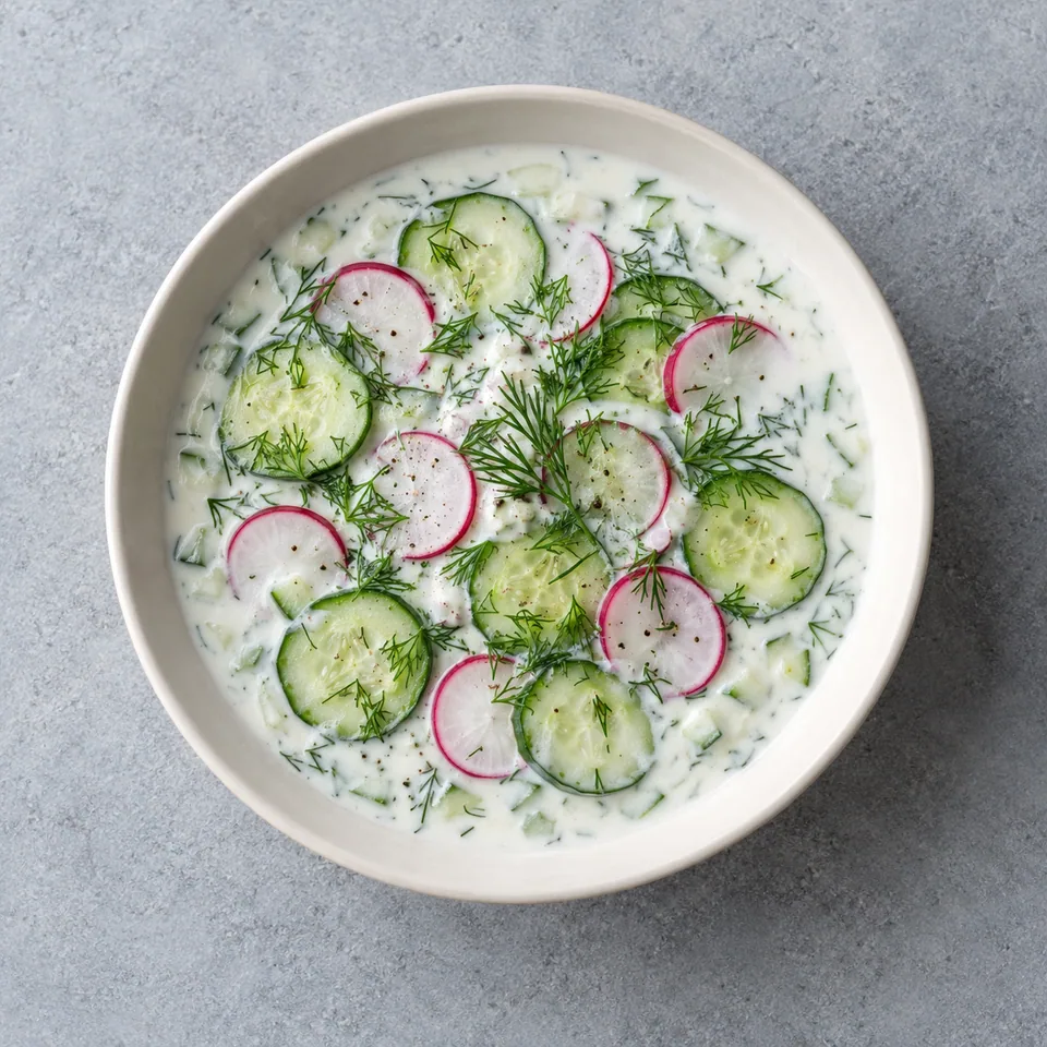 Bol de crème de concombre et radis aux rondelles roses et vertes, garni d'aneth.