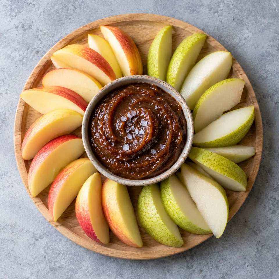 Crème de dattes à tremper, pommes et poires : crème onctueuse aux bords irréguliers entourée de quartiers de fruits frais sur une planche en bois.