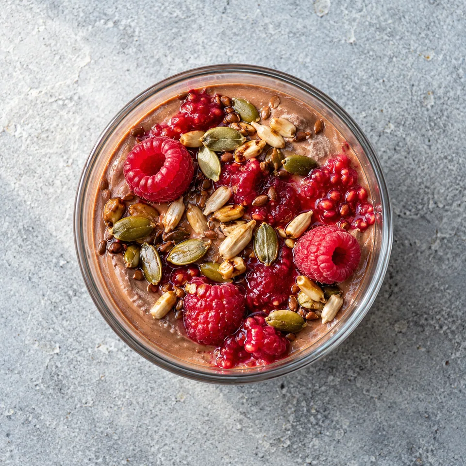 Crème de graines cacao et framboises dans une verrine : crème brune, graines grillées dorées et framboises rouges éclatées.