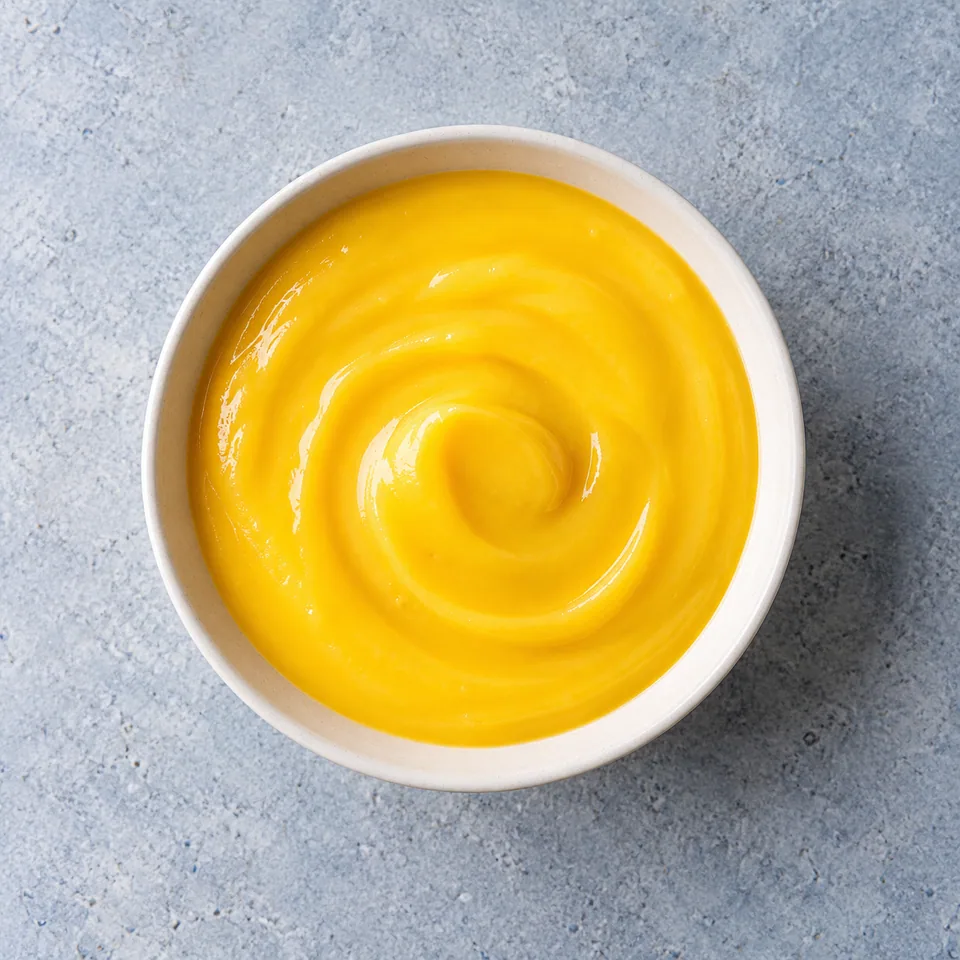 Crème de mangue jaune vif et lisse dans un bol blanc, texture onctueuse et homogène.