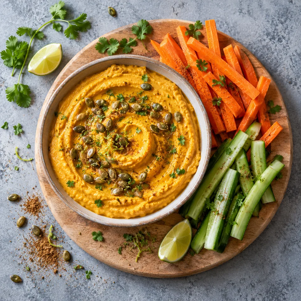 Crème de patate douce au cumin et citron vert servie avec bâtonnets de légumes sur une planche en bois.