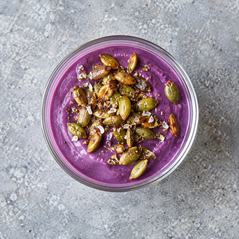 Verrine de crème violette à la patate douce et coco, parsemée de graines de courge grillées.