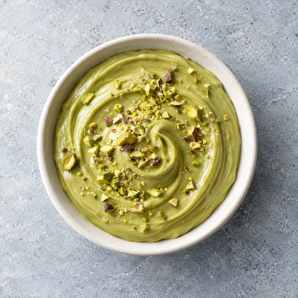 Crème de pistache maison à tartiner : une portion verte et lisse dans une petite assiette blanche.