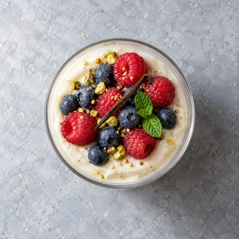 Crème de tofu soyeux à la vanille et fruits rouges dans une verrine en verre