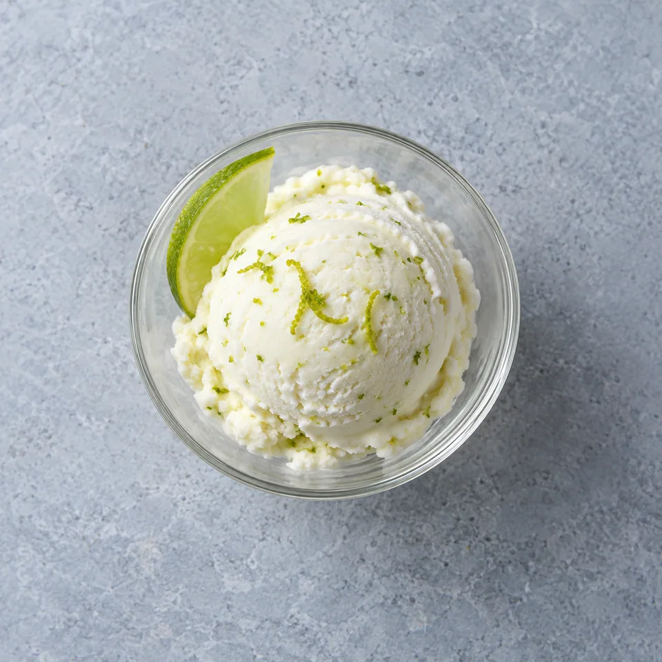 Crème glacée citron vert en boule dans une coupe, texture lisse blanc-crème avec fines veines vertes de zeste.
