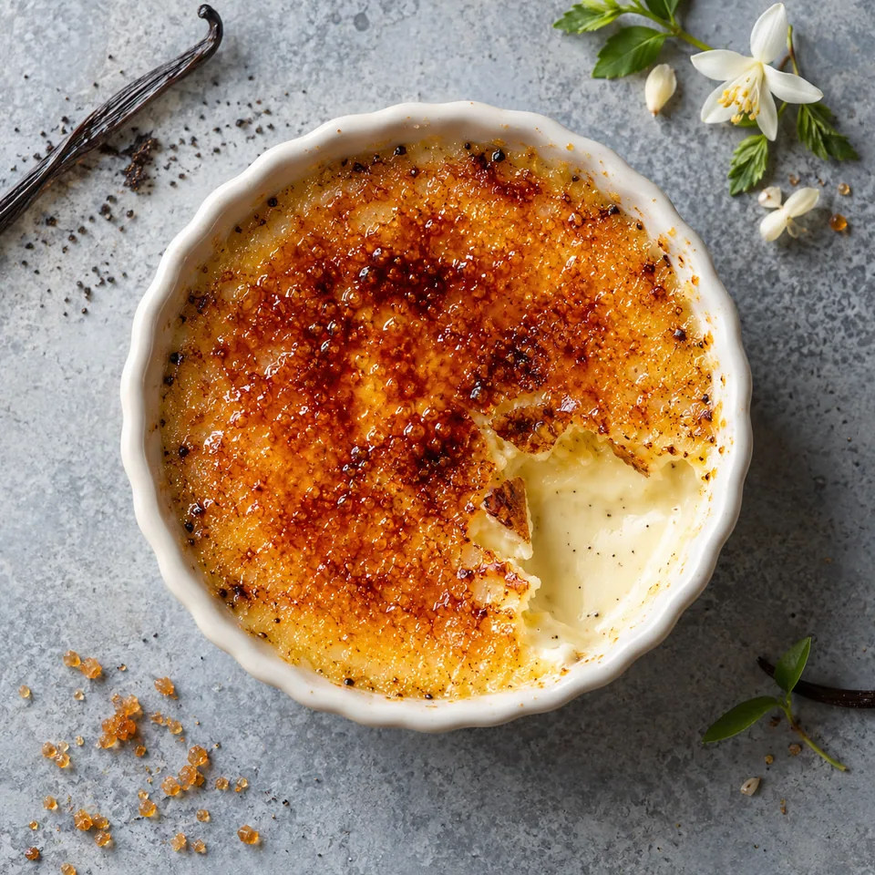 Crème brûlée à la vanille dans un ramequin blanc cassé, avec une croûte de caramel dorée et croustillante.