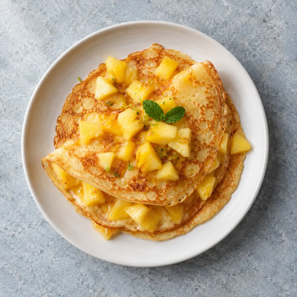 Crêpes à l’ananas : deux crêpes dorées garnies de dés d'ananas frais sur une assiette blanche.