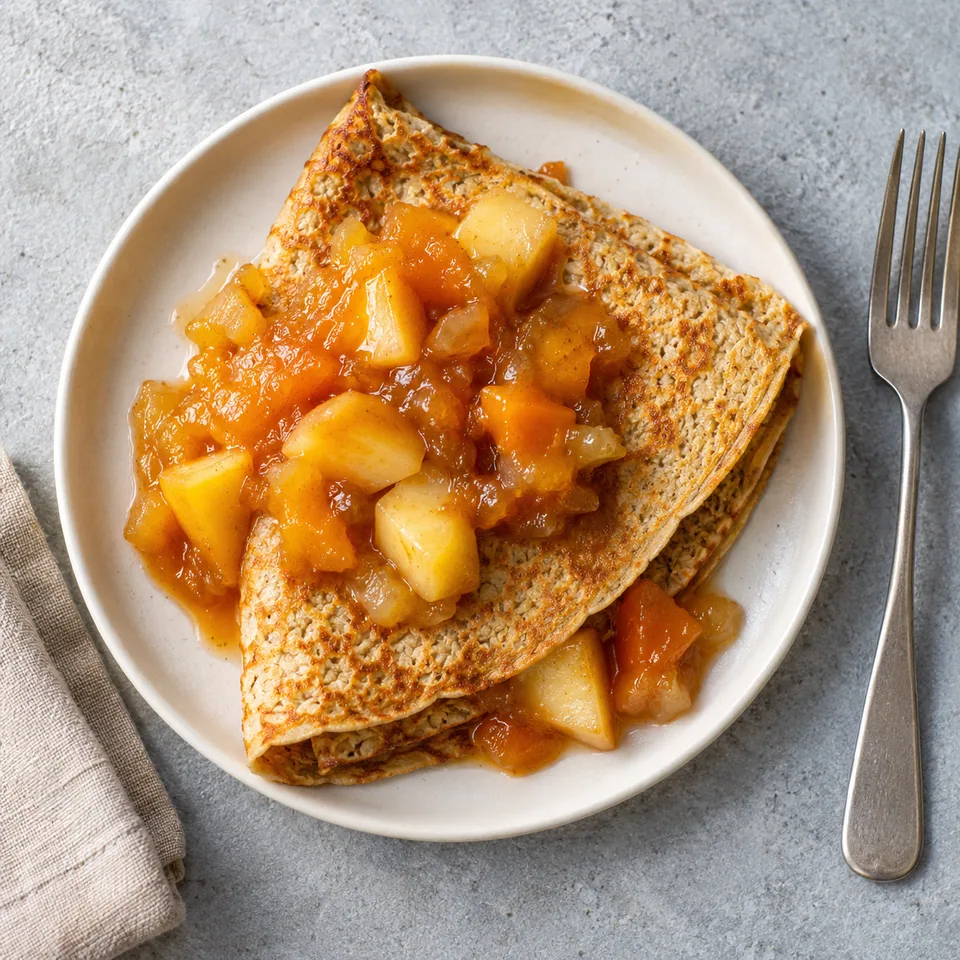 Crêpes à l’avoine, compotée de pomme et coing : une crêpe dorée pliée en quatre, garnie de compotée de fruits ambre, sur une assiette blanche.