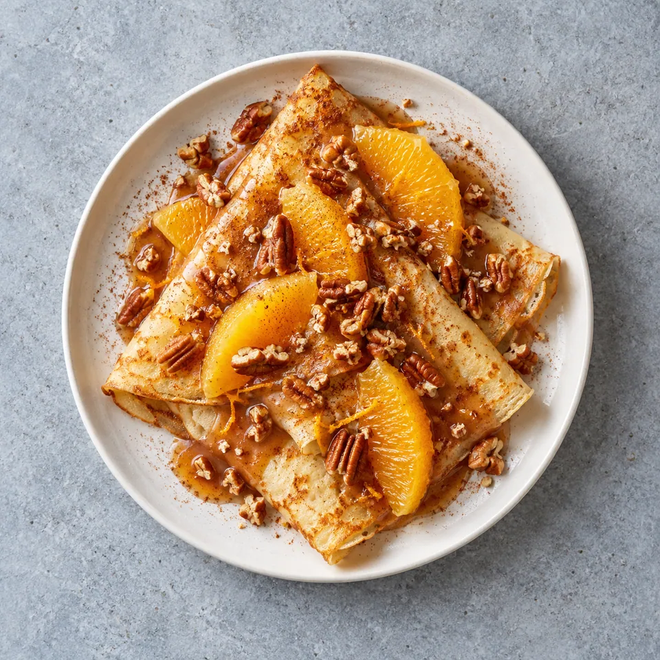 Crêpes à l’orange, cannelle et noix de pécan : crêpes pliées, sauce brillante, quartiers d'orange et noix croustillantes.