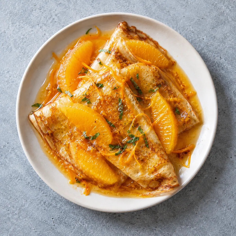 Crêpes à l’orange façon Suzette : une crêpe dorée nappée de sauce orange brillante et garnie de suprêmes d'orange frais.