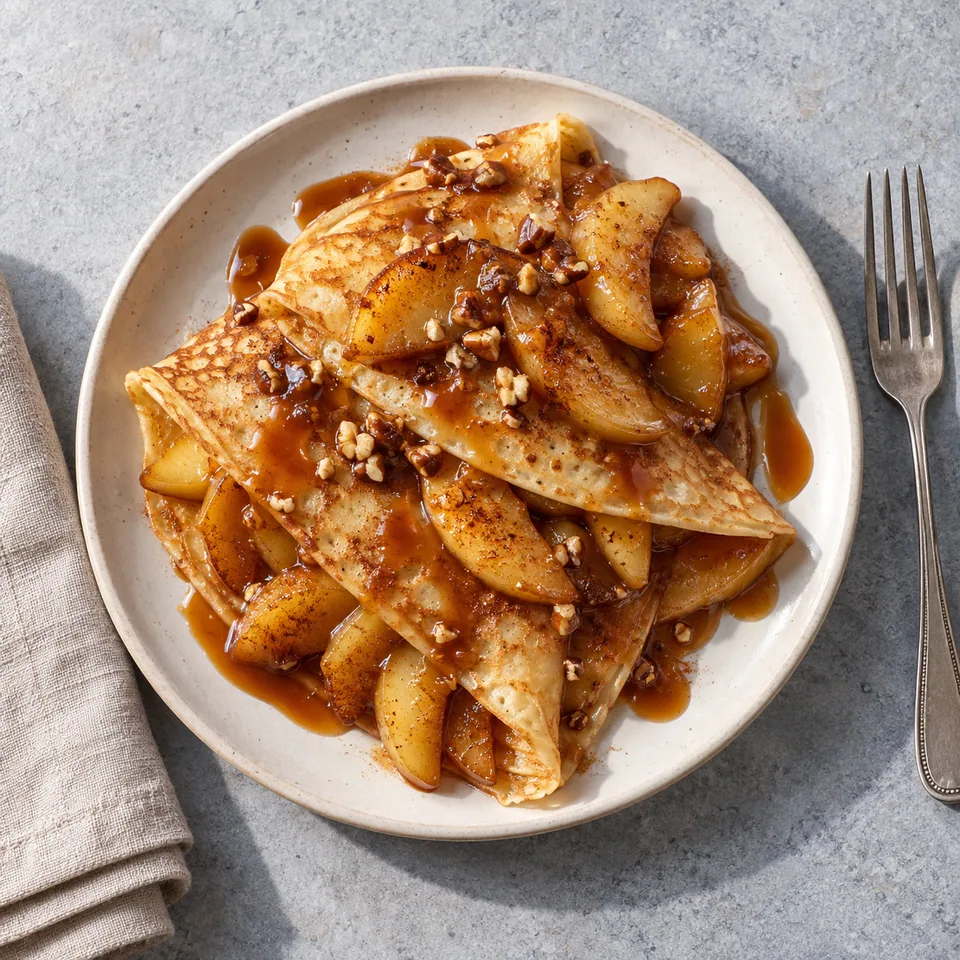 Crêpes au caramel et pommes poêlées : crêpes dorées pliées, pommes fondantes et caramel brillant sur assiette blanche.
