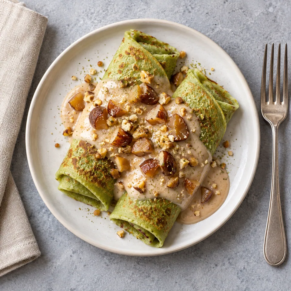 Deux moitiés de crêpes au matcha roulées, nappées de crème de marrons et parsemées d'éclats de châtaignes sur une assiette blanche.