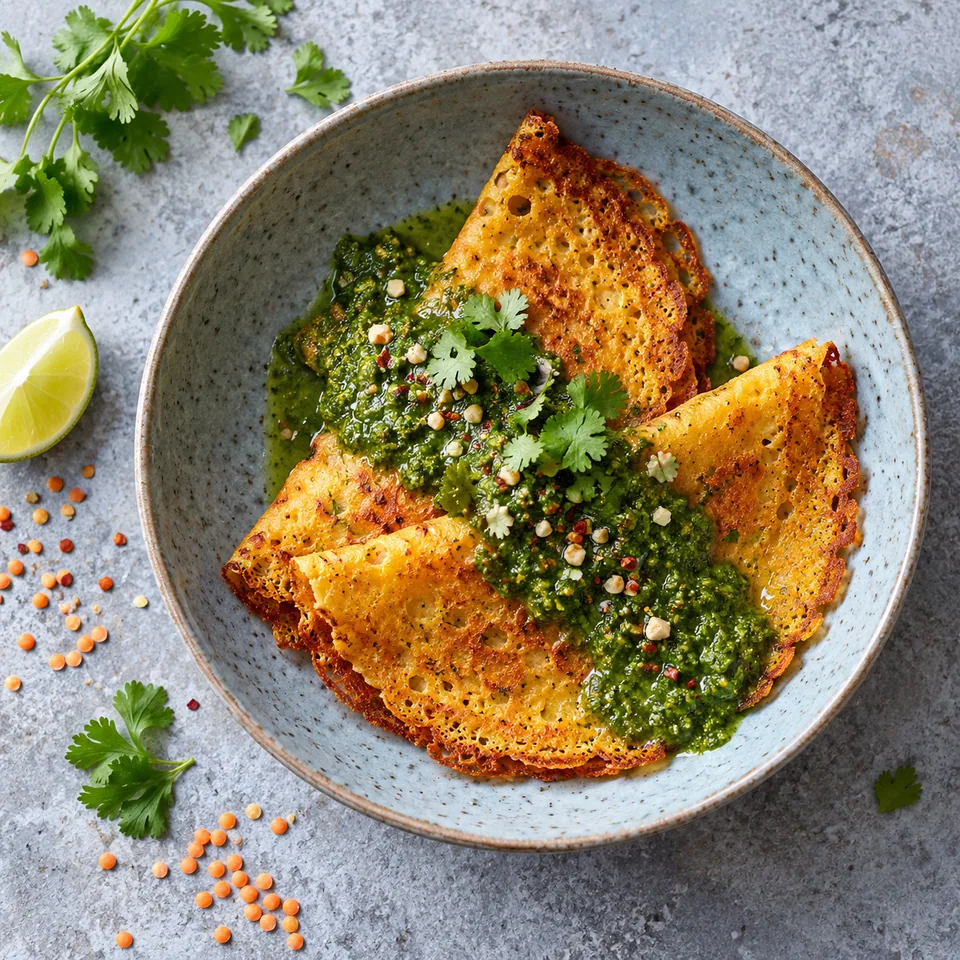 Crêpes de lentilles corail au chutney vert : deux galettes dorées nappées de sauce verte coriandre sur une assiette bleue.