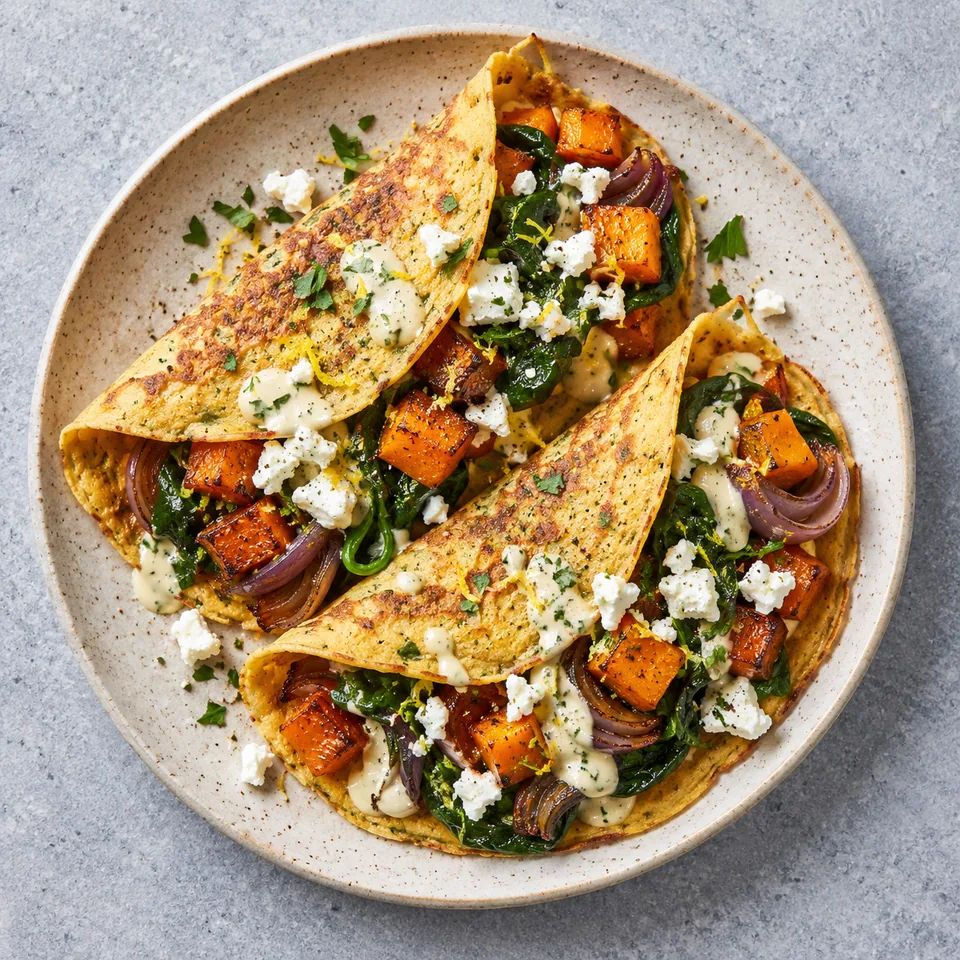 Assiette de crêpes de pois chiche aux légumes rôtis et feta, sauce citronnée.