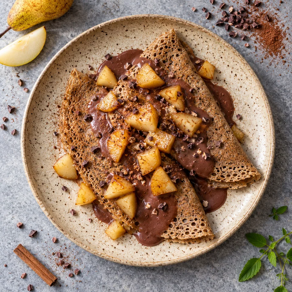 Assiette de crêpes de sarrasin au cacao et poires caramélisées à la cannelle, vue de dessus.