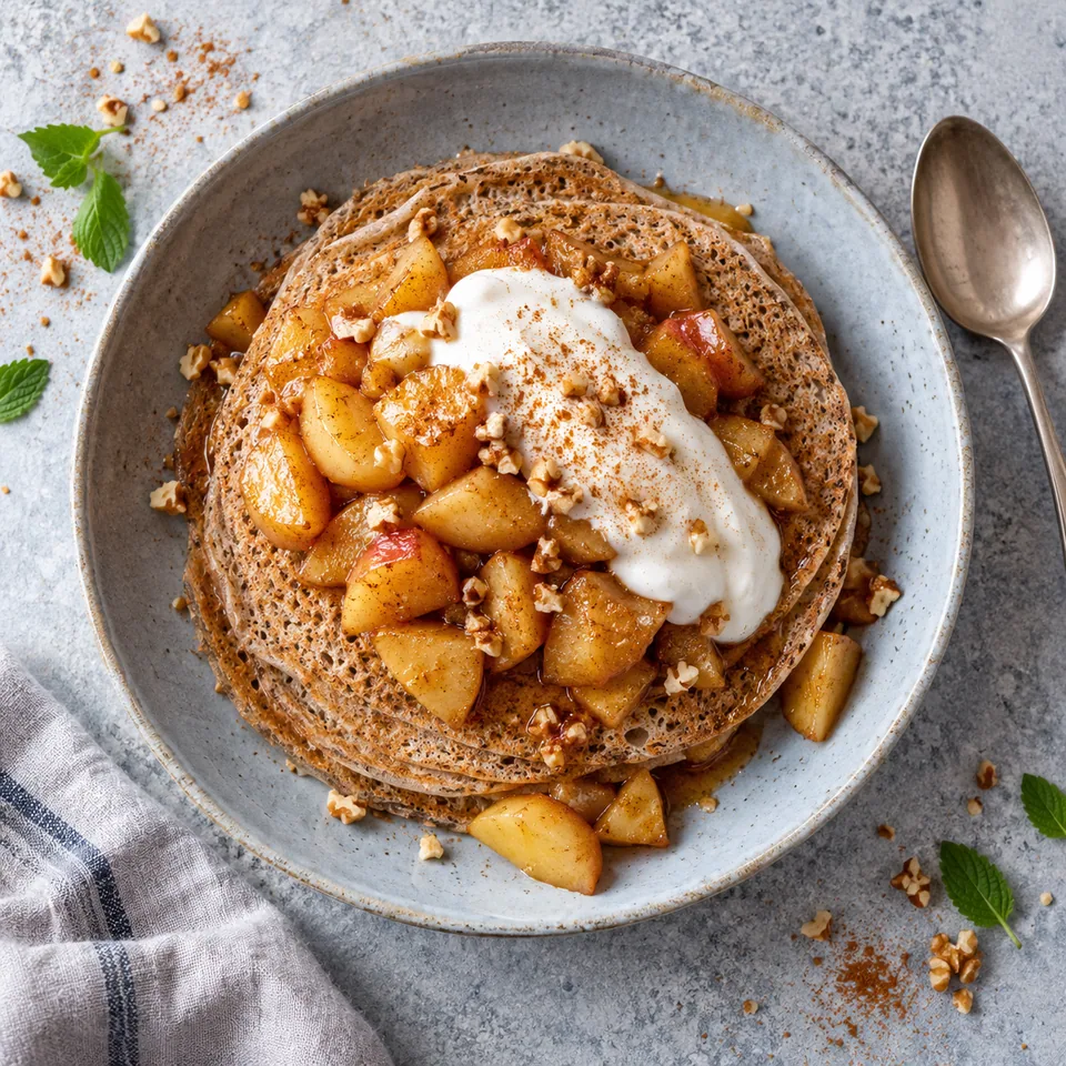 Assiette de crêpes de sarrasin aux pommes cannelle et yaourt de soja