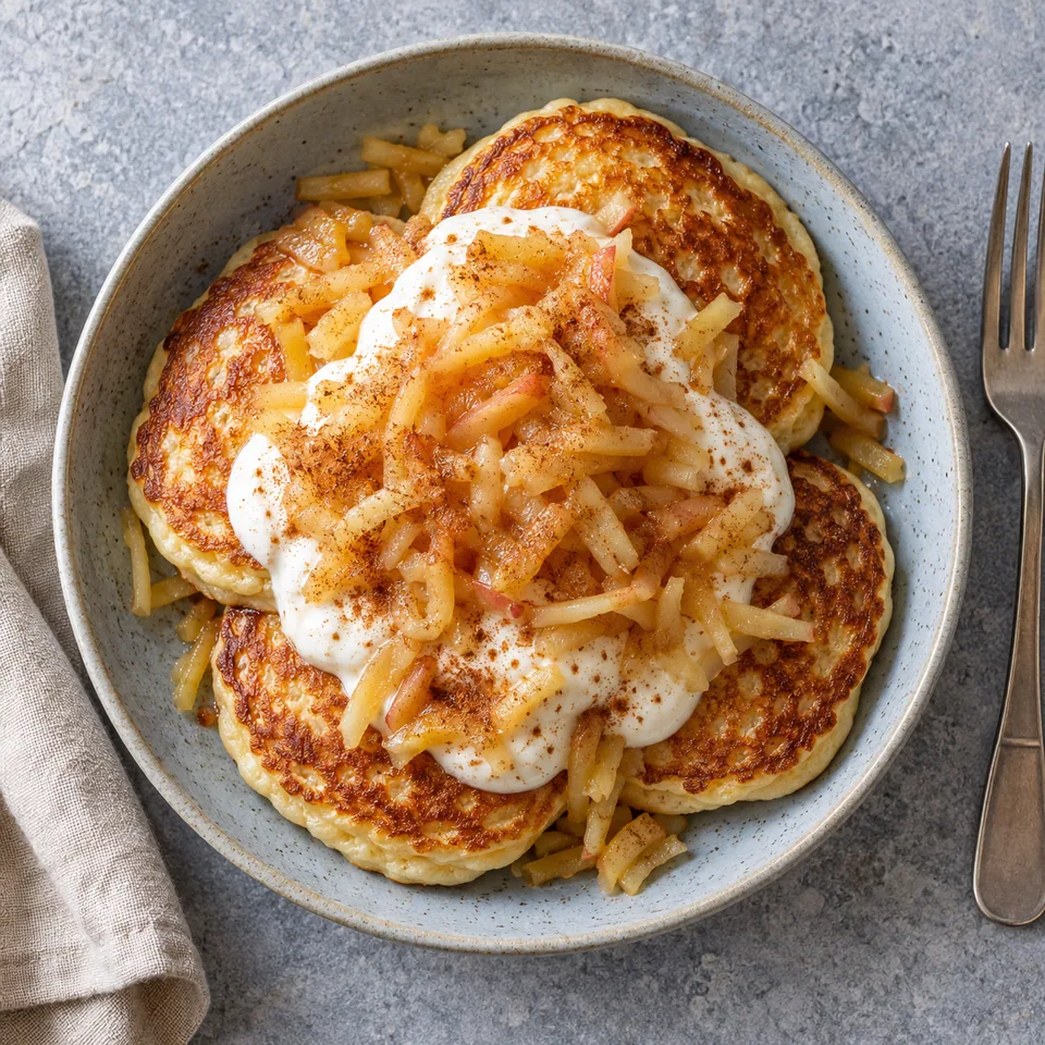 Crêpes épaisses à l'avoine et fromage blanc sur assiette bleue, nappées de fromage blanc et de pommes râpées à la cannelle.