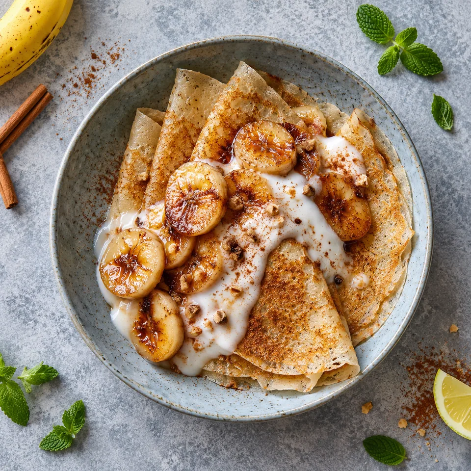 Crêpes fines de riz, banane poêlée et cannelle : crêpes dorées, bananes caramélisées et yaourt blanc sur assiette bleue.