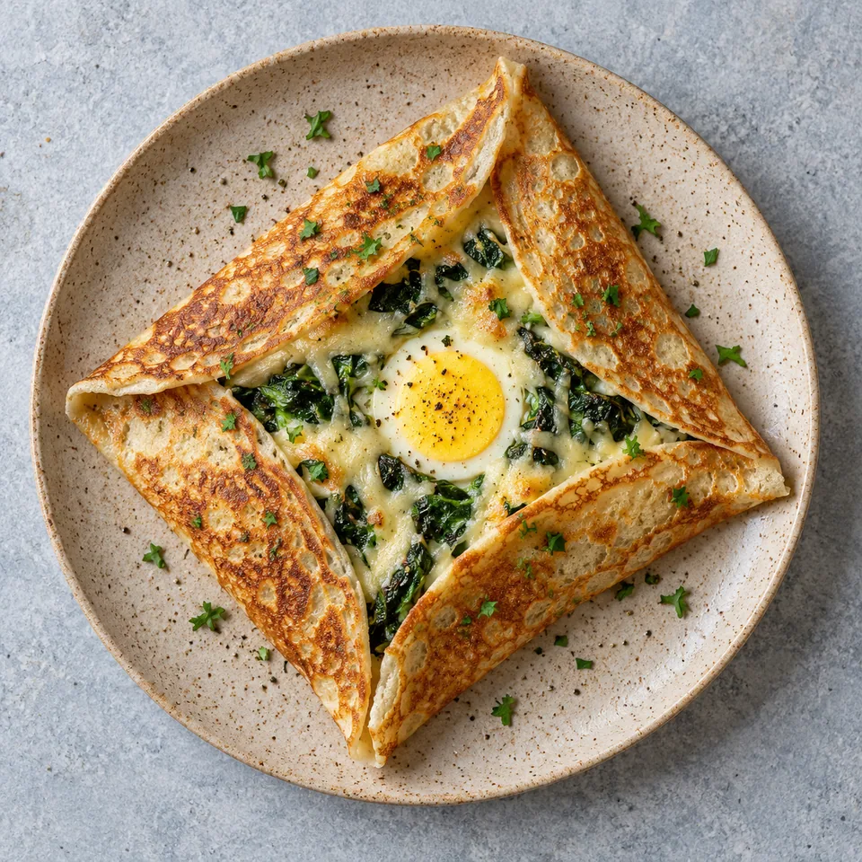 Crêpes salées aux épinards, œuf et fromage : portion servie sur assiette beige, œuf cuit et fromage fondu visibles.