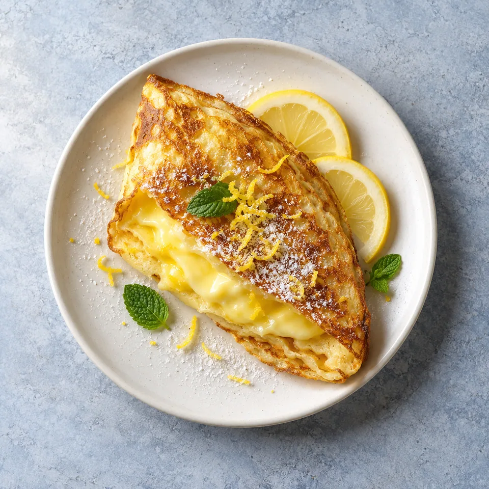Crêpes soufflées au citron : portion d'une crêpe pliée en quatre, dorée et garnie de crème citronnée brillante.