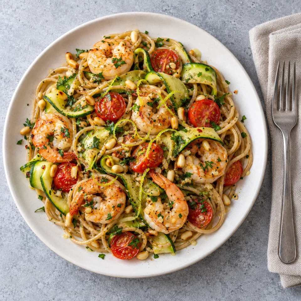 Assiette de pâtes aux crevettes, courgettes et tomates cerises, parsemée de pignons et de persil.