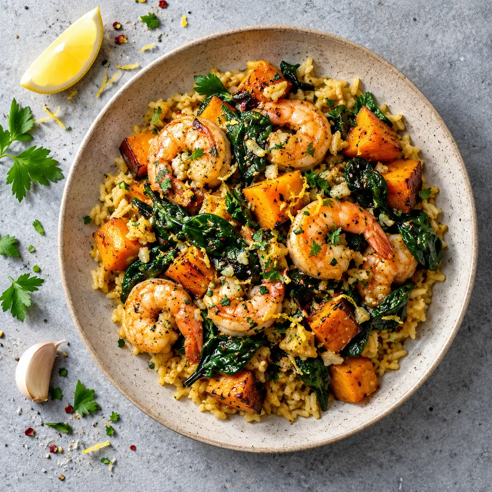 Assiette de crevettes à l'ail, potimarron et épinards sur riz, garnie de zeste de citron.