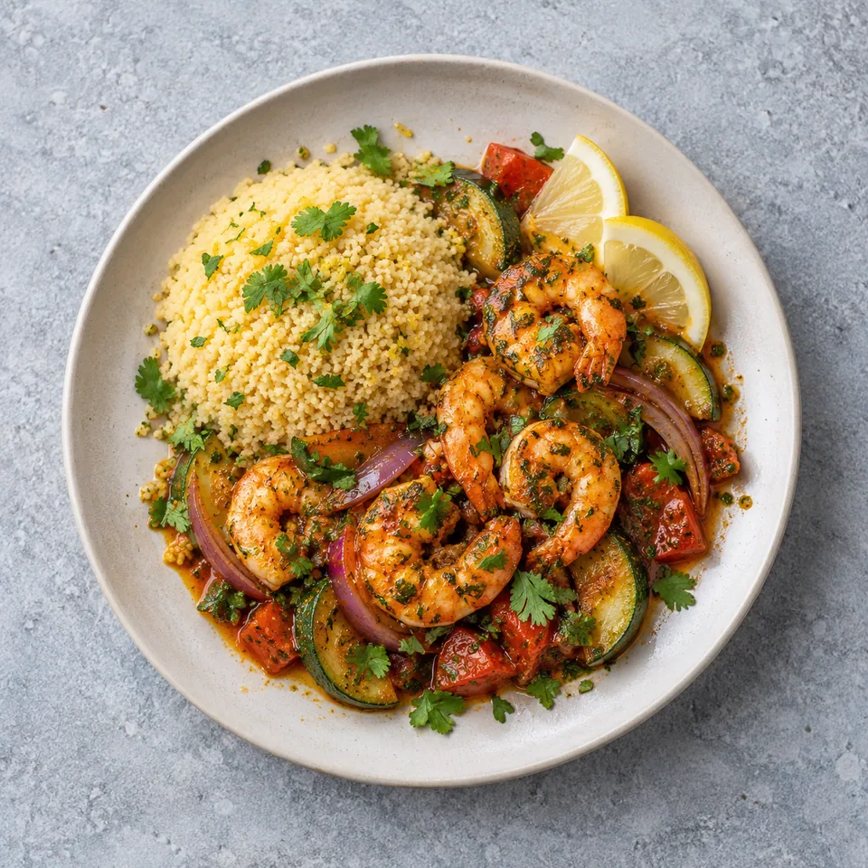 Crevettes à la chermoula et semoule : crevettes en sauce, semoule, courgette, tomate, oignon rouge et coriandre.