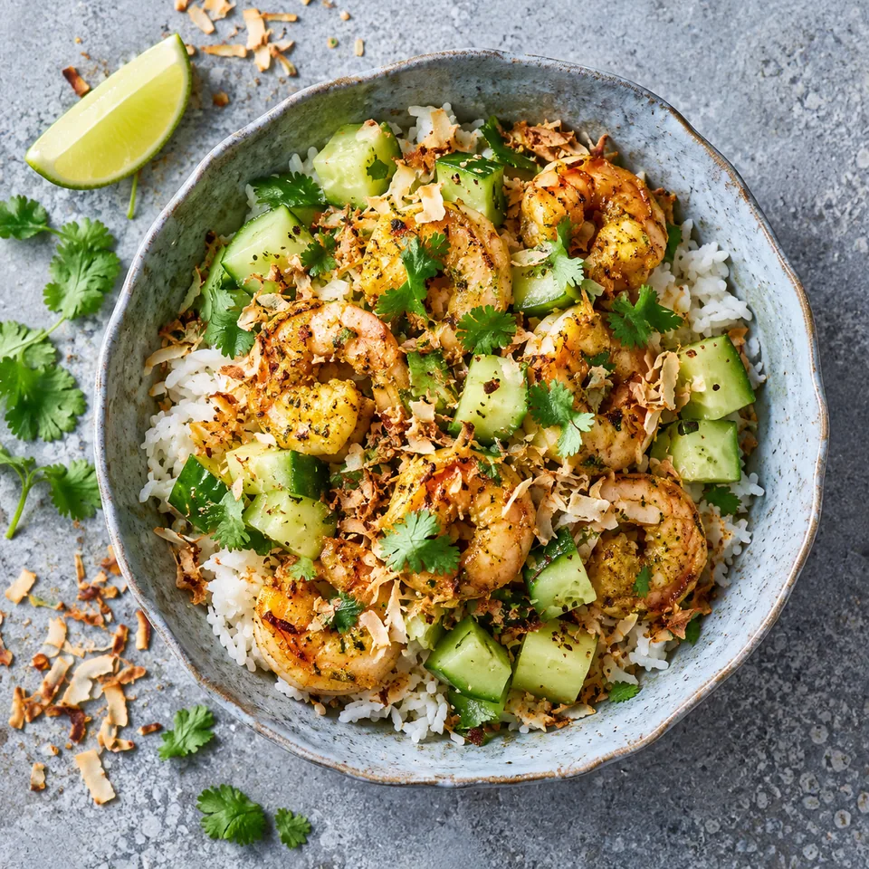 Bol de crevettes à la keralaise avec riz, dés de concombre, coco dorée et coriandre.