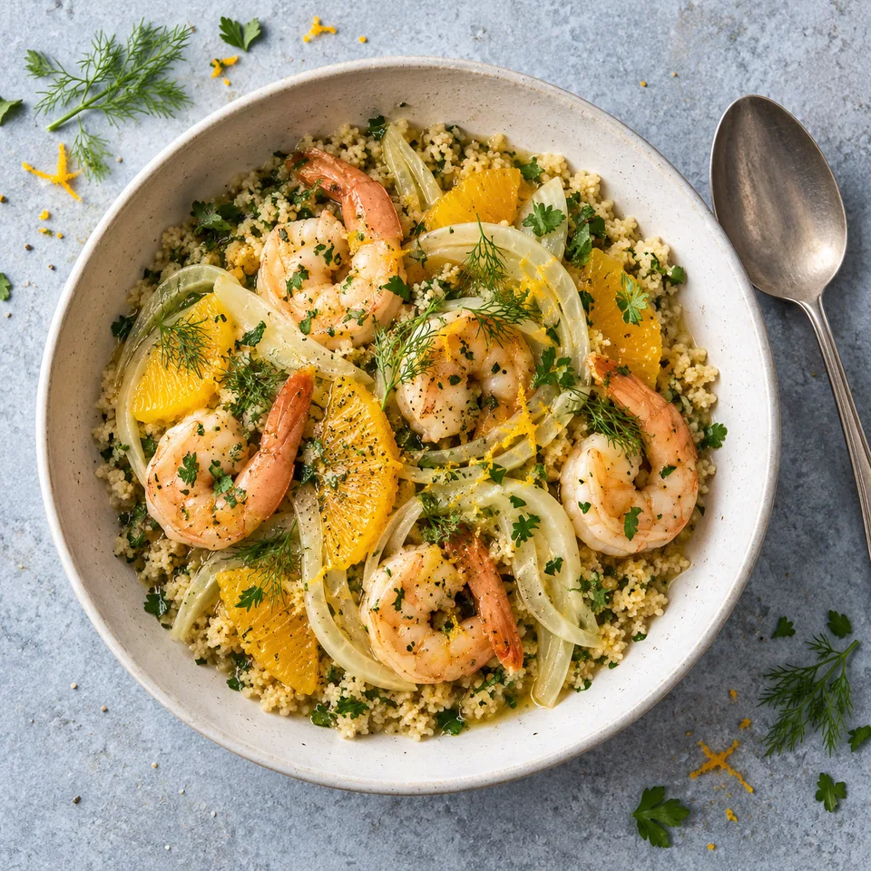 Bol de couscous aux herbes avec crevettes roses, fenouil émincé et morceaux d'orange.