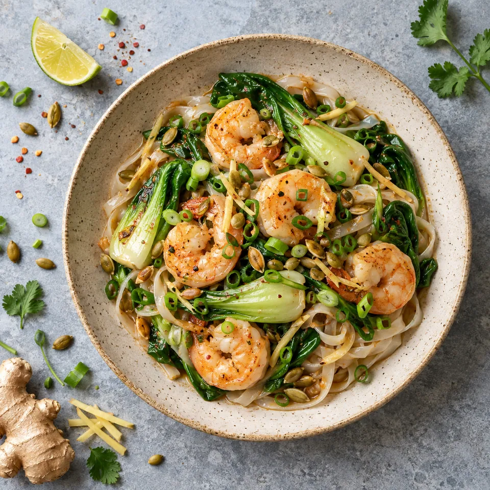 Crevettes au gingembre et pak choï servies sur une assiette beige avec nouilles, légumes verts et graines de courge.