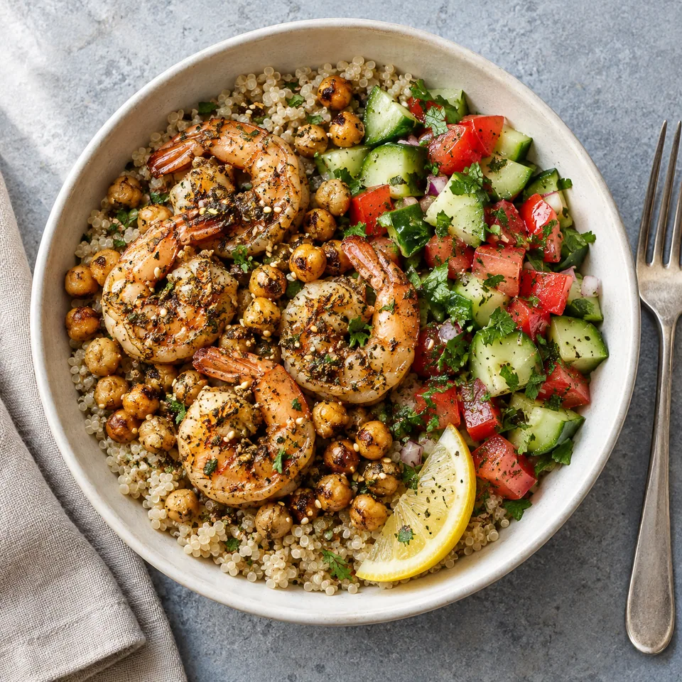 Bol de quinoa aux crevettes zaatar, pois chiches grillés et salade de tomates-concombres.