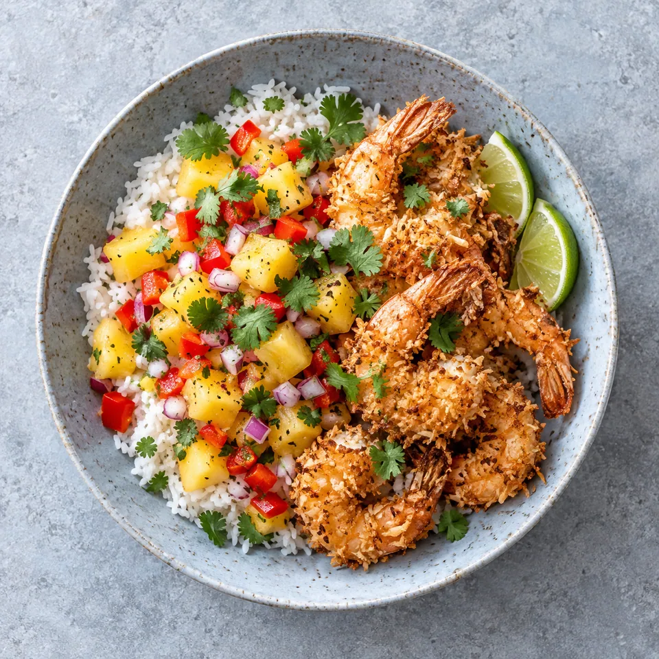 Crevettes coco, riz et salsa d’ananas : riz, salsa colorée et crevettes panées dorées sur assiette grise.
