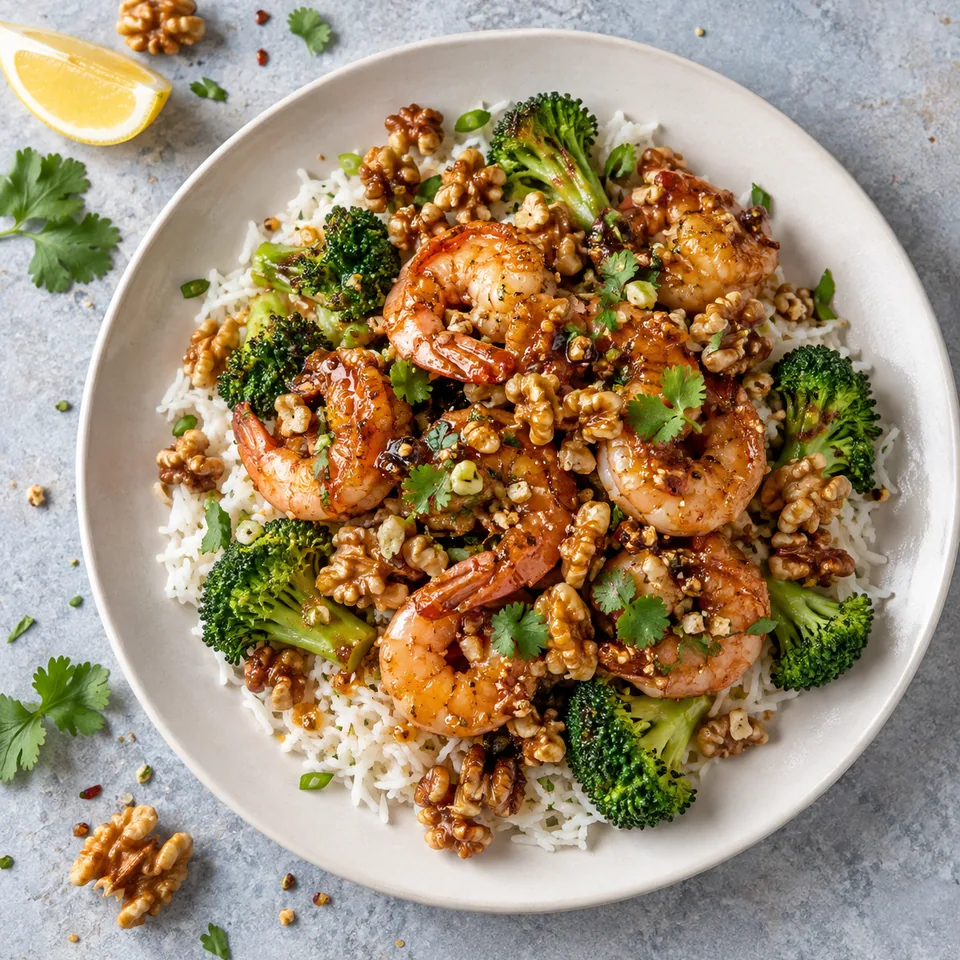 Assiette de crevettes croustillantes miel-noix sur riz et brocoli, parsemée de noix caramélisées.
